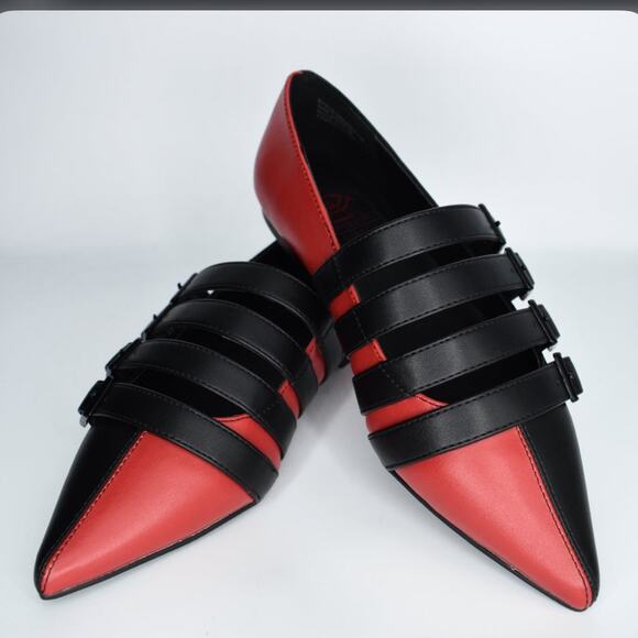 Final price* Strange Cult Coven flats in split black/red harlequin - Picture 1 of 8
